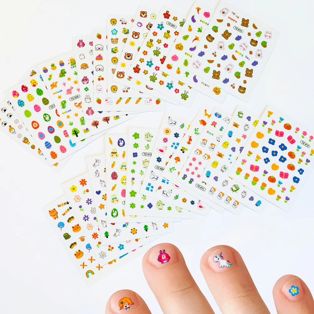 20PCS Kids Glowing Nail Sticker Decals Cartoon Pattern Cute Nail Art Sticker 3D Self-Adhesive Animals Designs for Little Girls