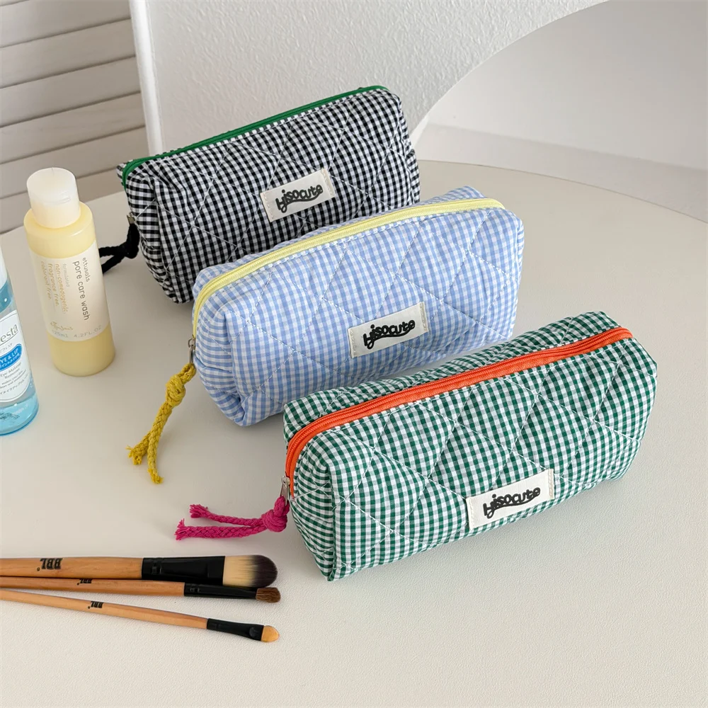 Y2K Simple Solid Color Checkered Pencil Case Large Capacity Portable Storage Pen Bag Student Back to School Stationery Supplies