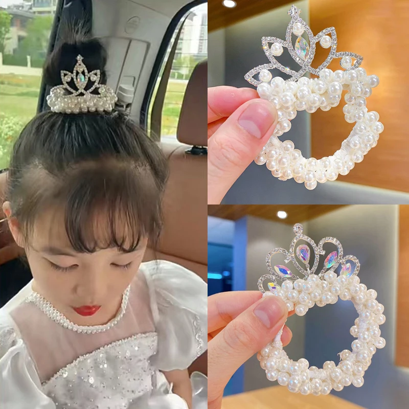 Children's Headband Pearl Hair Ties For Girl Hair Rope Cute Princess Rhinestone Crown Rubber Band Headwear Hair Accessories