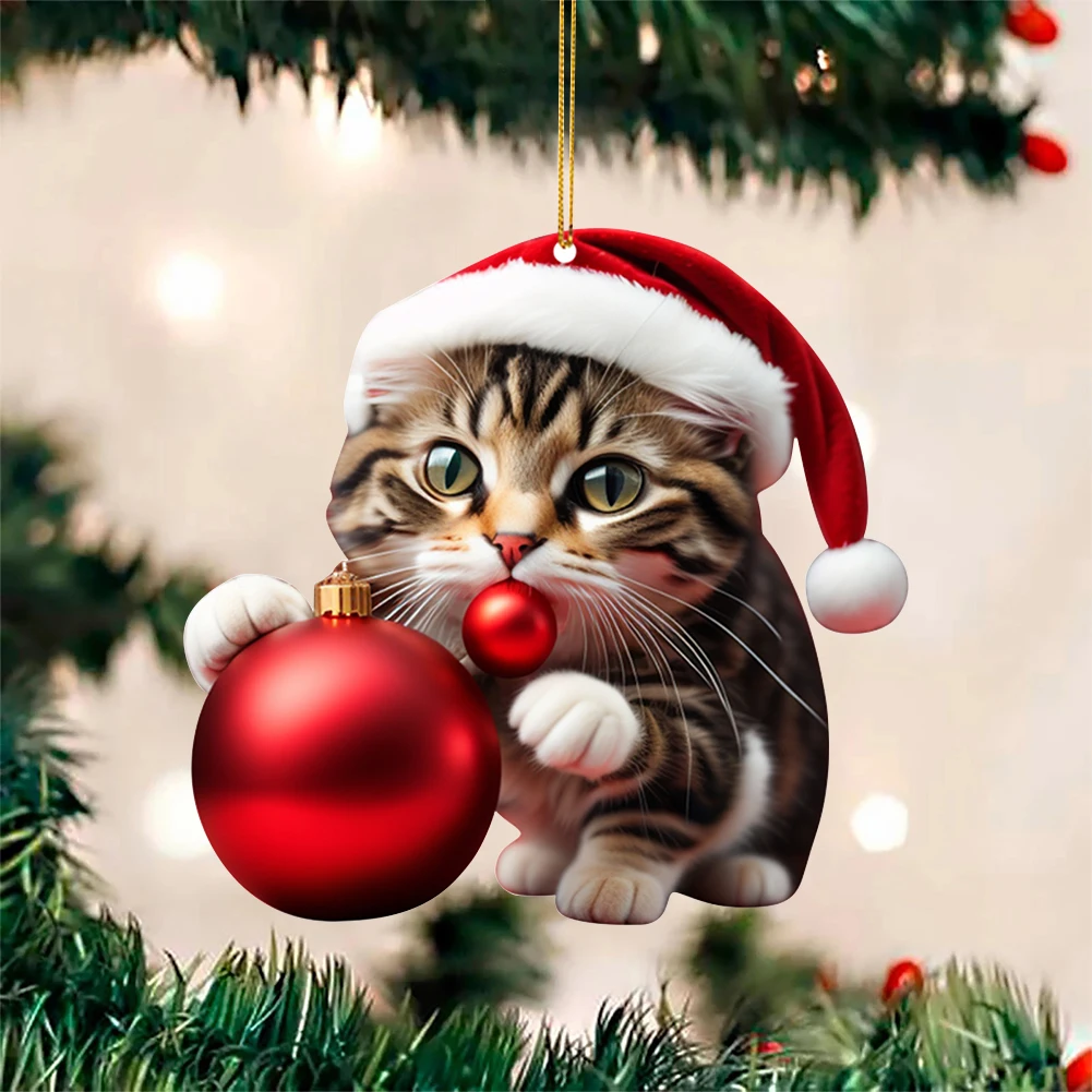 2D Acrylic Funny Cat Christmas Tree Ornament Cat Acrylic Ornament Double Printing Funny Christmas Pendant Gift Fun Pendant