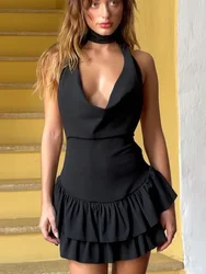 Black Deep V Backless Mini Dress Women's Sexy Ruffled Smocked Halter Sleeveless Tie-Up Solid Color Party Wear Mini Dress