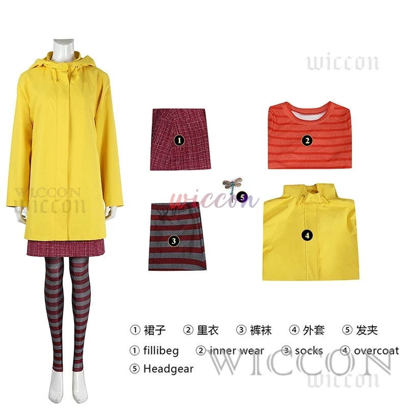 Coraline Cosplay Costume Horror Fairytale Movies Yellow Coat Secret Door Adult Halloween Party Scary Ghost Mom Caroline