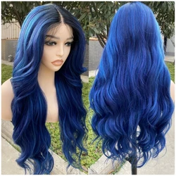 X-TRESS Middle Part Synthetic Lace Front Wigs Ombre Blue Color Long Wavy Natural Wigs for Black Women Fashion Heat Resistant