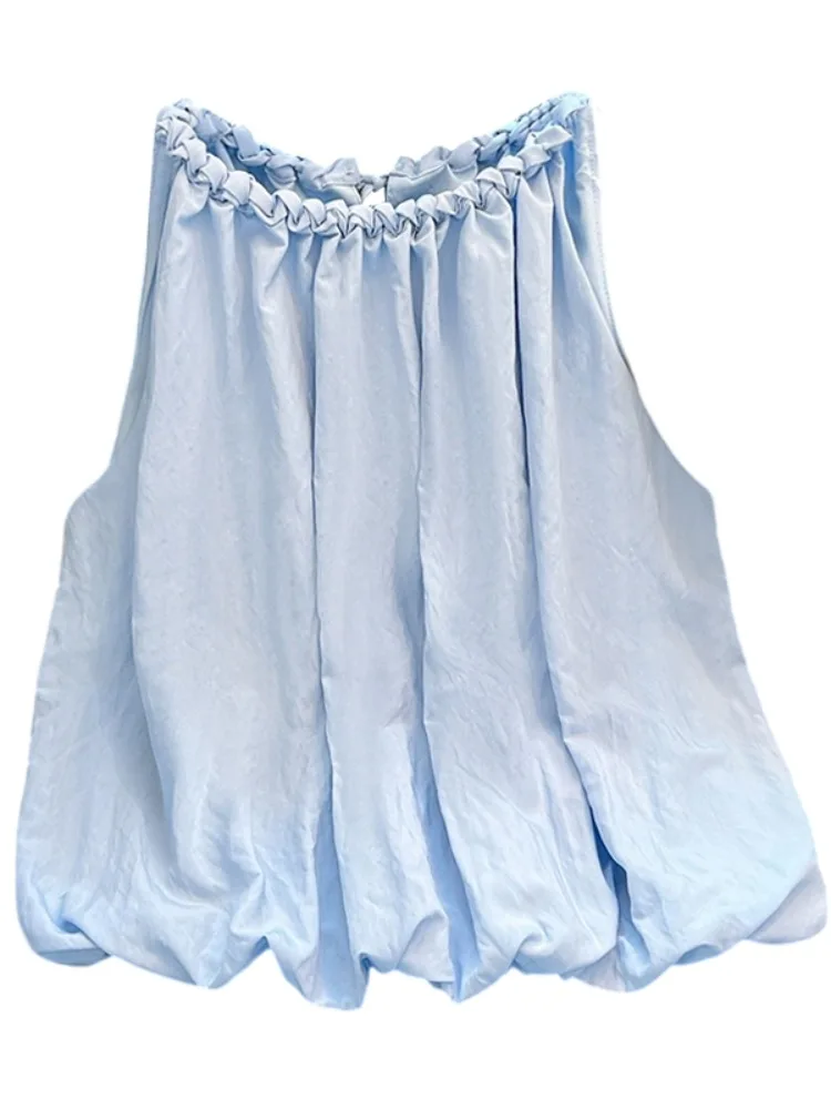 Azul fora do ombro vela colete irt feminino verão solto ort bloomer topo coreano sle commute faion redondo ne vestido