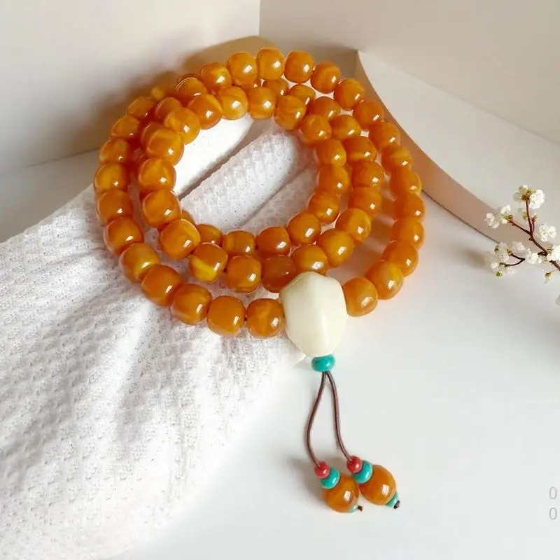 Tibetan bone porcelain three-piece pendant, wax 108 Buddha bead bracelet, vintage-style , turquoise spacer beads, m