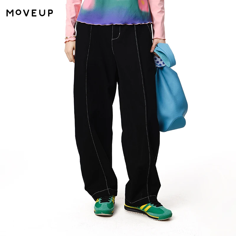 MOVEUP Commuter Straight Leg Pants Autumn Pure Cotton Zipper Elastic Waist Cat Embroidered Pocket Casual Pants Women 3EWQ20132