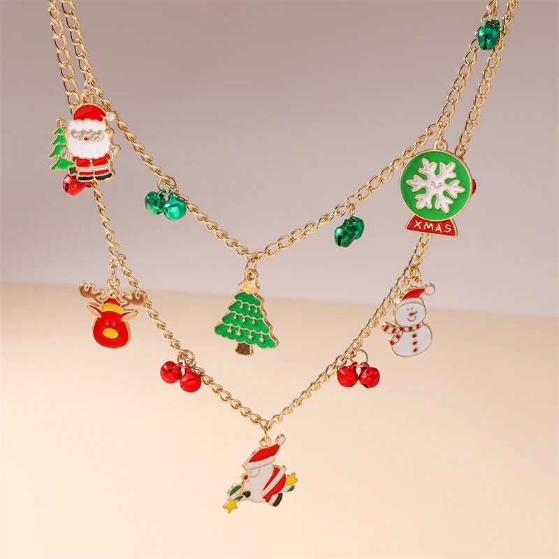 Fashion Merry Christmas Necklace for Women Santa Claus Tree Snowman Bell Necklace Girls New Year Party Festival Jewelry Gifts