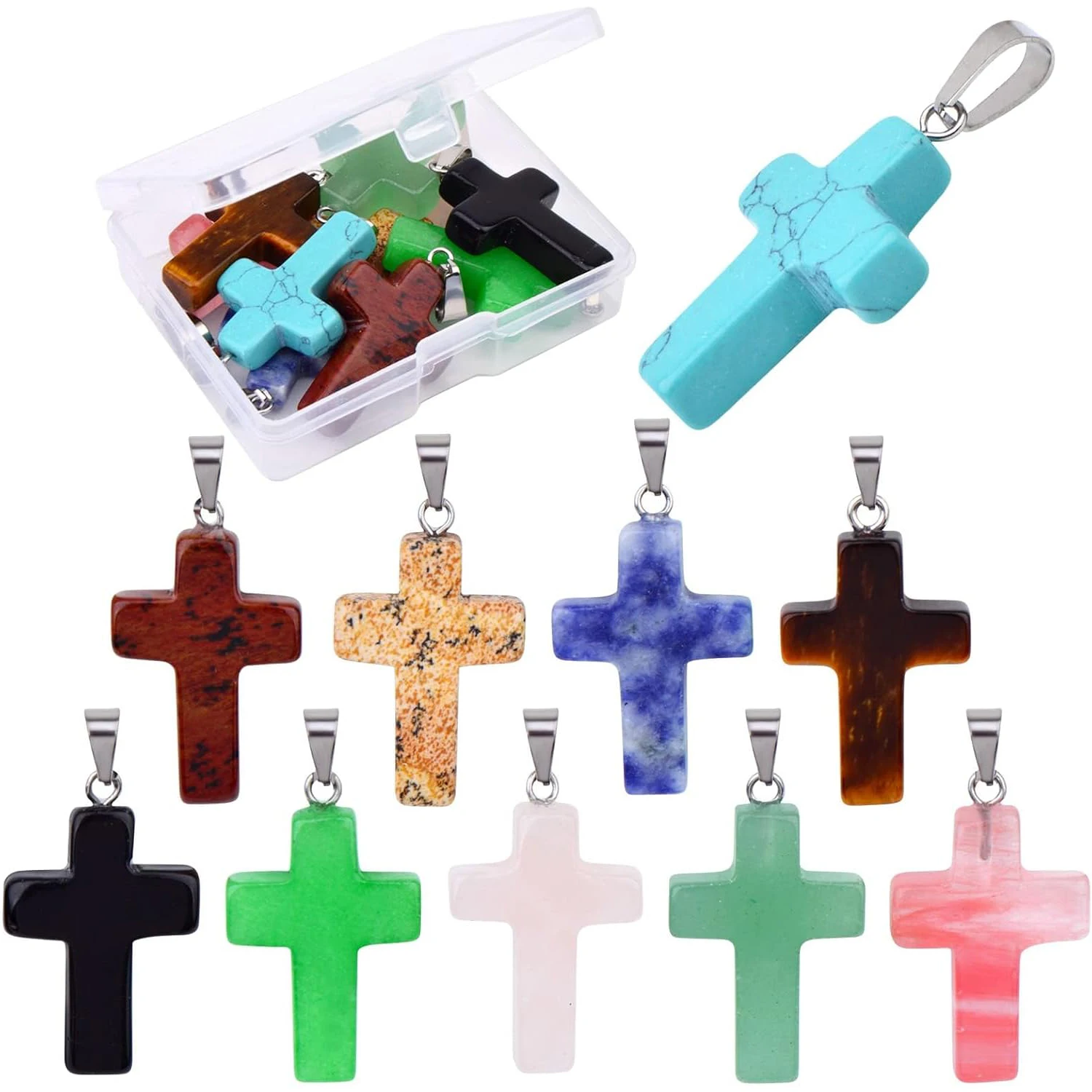 

10pcs Natural Stone Cross Pendant Healing Crystal Quartz Stone Charms Chakra Gemstone Pendants with a Box for DIY Necklace