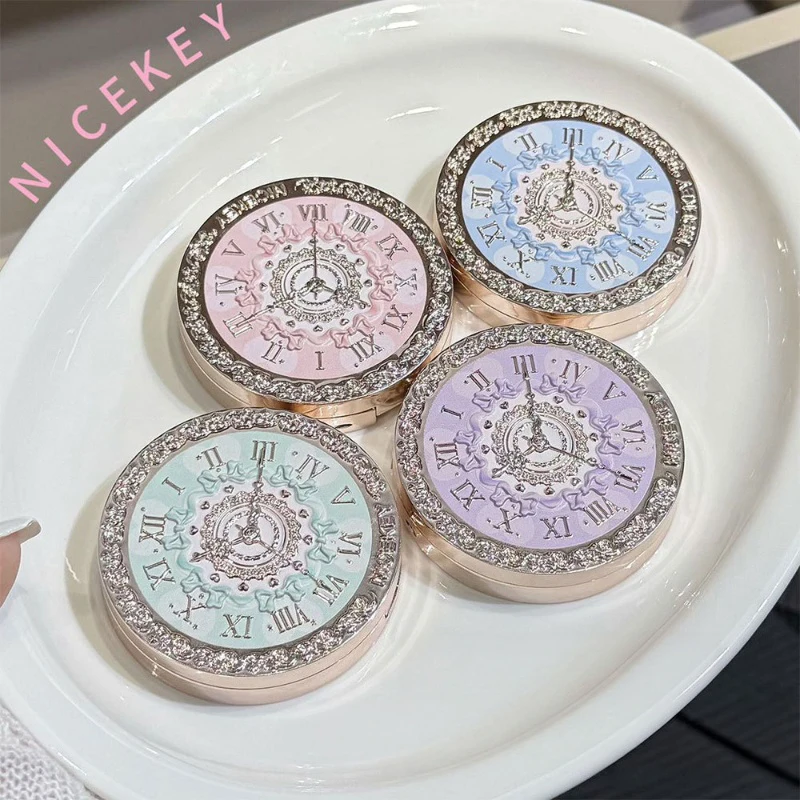 Vintage Clock Embossed Pressed Powder Compact Matte Oil Control Face Setting Powder Lasting Makeup With Mirror Portable Cosmetic