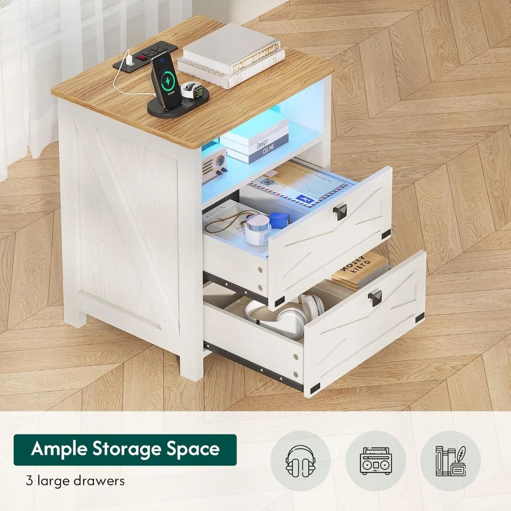 مجموعة منضدة مزرعة بيضاء ريفية عتيقة لغرفة النوم، وطاولات بجانب السرير مزدوجة مع محطة شحن وأضواء LED