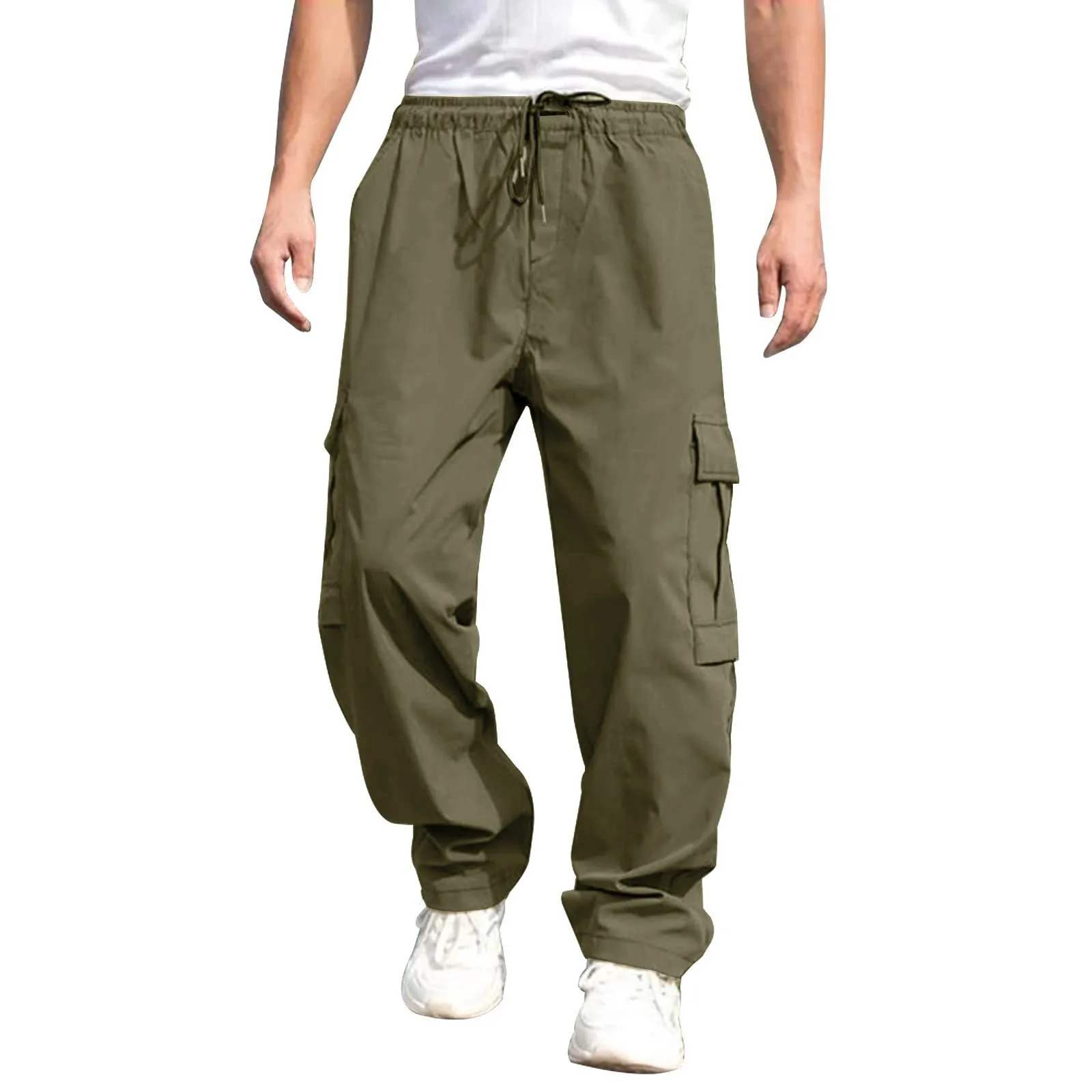 Casual Streetwear Pants Solid Color Cargo Pants Drawstring Design Multi Pocket Loose Baggy Pants for Men's Workwear Trousers