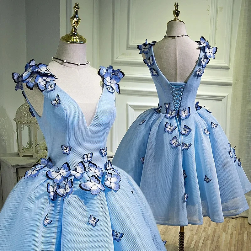 BOMARIS Blue V-Neck Short Homecoming Dress Tulle Prom Dress Unique 3D Butterfly Mini 8 Grade Graduation Party Dress Customized