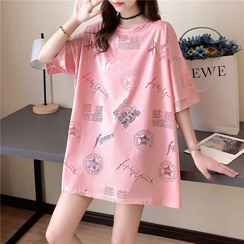 

Street Casual Loose Printing Tops Summer New Short Sleeve O-neck Letter Plus Size Basic T Shirts Trend Korean Women Clothing