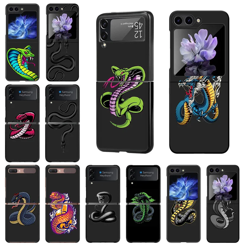 Phone Case For Samsung Z Flip 6 5 4 3 Galaxy ZFlip6 5G Flip5 Flip4 Green Snake Cobra Python Black Hard Camera Protective Cove