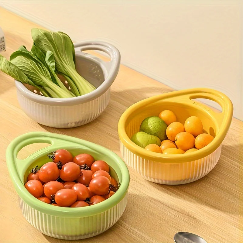 1pc Contemporary Plastic Double-Layer Drainage Basket Set, Multi-Purpose Vegetable And Fruit Washing Basin With Strainer Colador