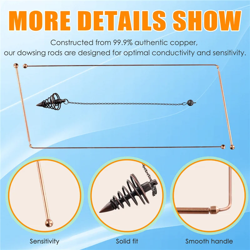 FULL-Copper Dowsing Rods - 99.9% Pure Copper 2PCS Divining Rods Energy Water Witching Detector With Pendulum Pendant