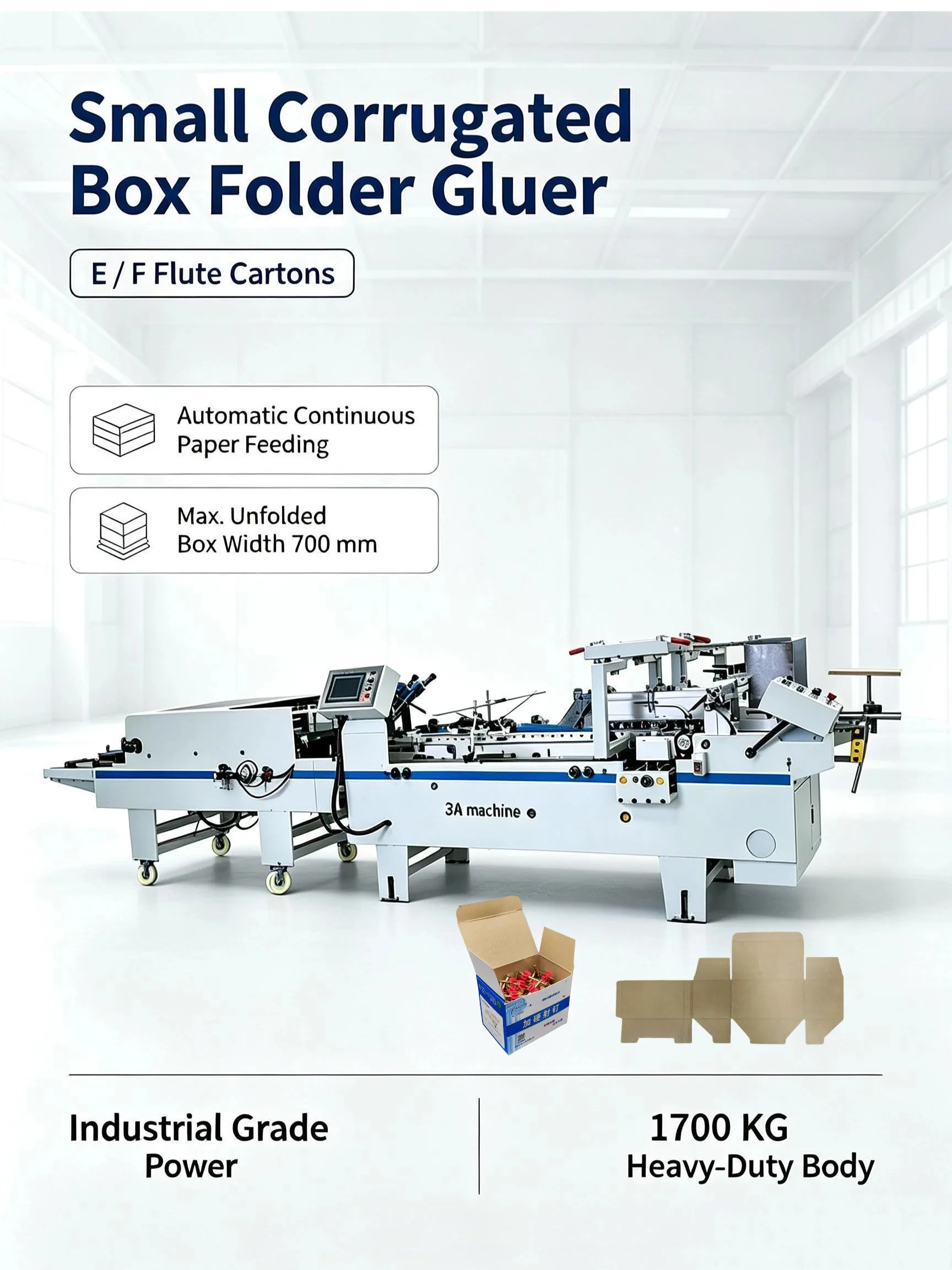 3A800A-2 Corrugated Carton Folder Gluer Machine E/F Flute 200-700 mm Automatic Continuous Paper Feeding CE