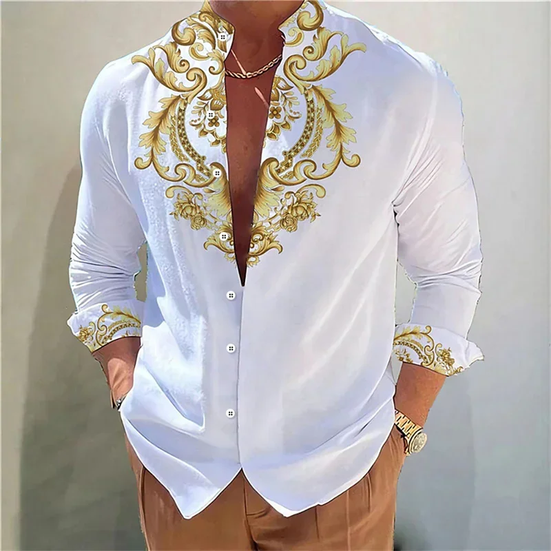 Men's Gold Casual Creative Lapel Button-Down Shirt Tops Fashionable Autumn and Winter New Soft and Comfortable Men's Shirt Tops