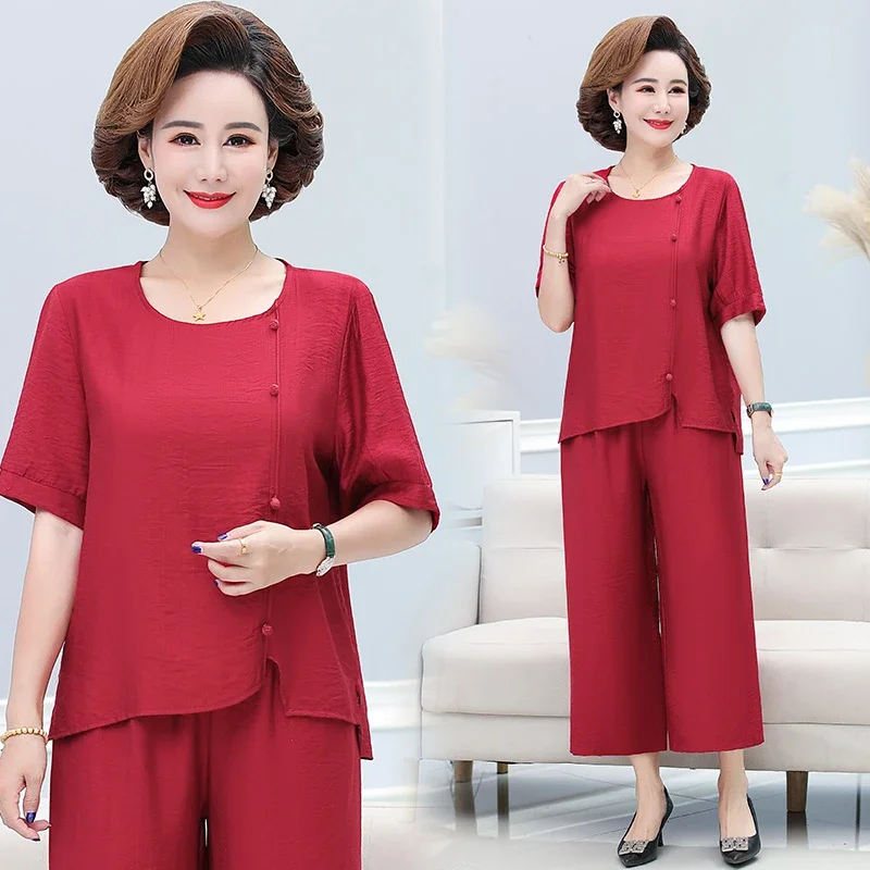 Women Linen Blend Irregular Short Sleeve Top Wide Leg Pants 2 Piece Mom Outfit