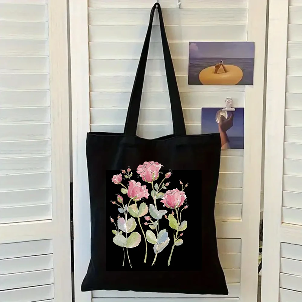 

Watercolor Pink Rose Print Canvas Tote Bag, Elegant Floral Shoulder Bag For Everyday Use