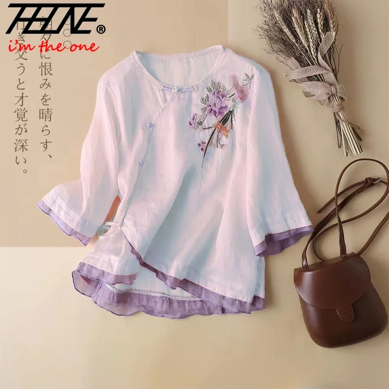 Summer Women\'s Clothing Shirts Blouse Blusa Mujer Camisas Elegant and Youth Cotton Linen Vintage Casual Button Embroidery O-Neck