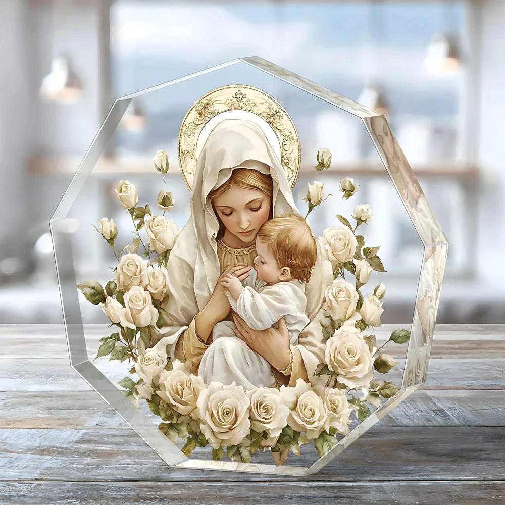 1Pc Virgin Mary And Jesus Acrylic Ornament - Religious Decoration With A Golden Halo And White Roses, Perfect For Home And Desk,