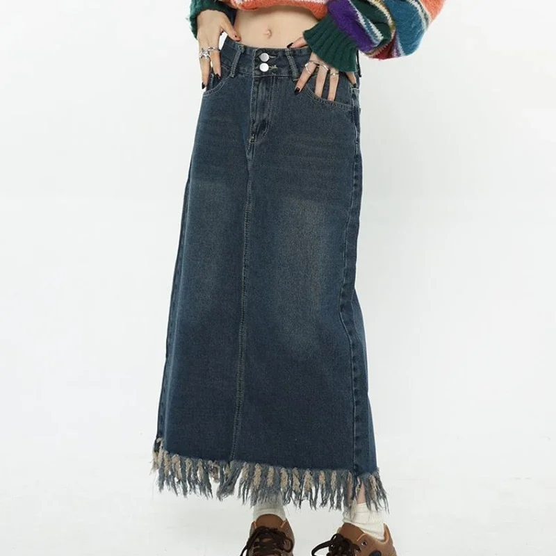 Vintage Y 2K Denim Rokken Herfst Koreaanse Hoge Taille Slanke Lange A-Lijn Kwast Gothic Rok Vrouwen Volledig Bijpassende Streetwear Outfits