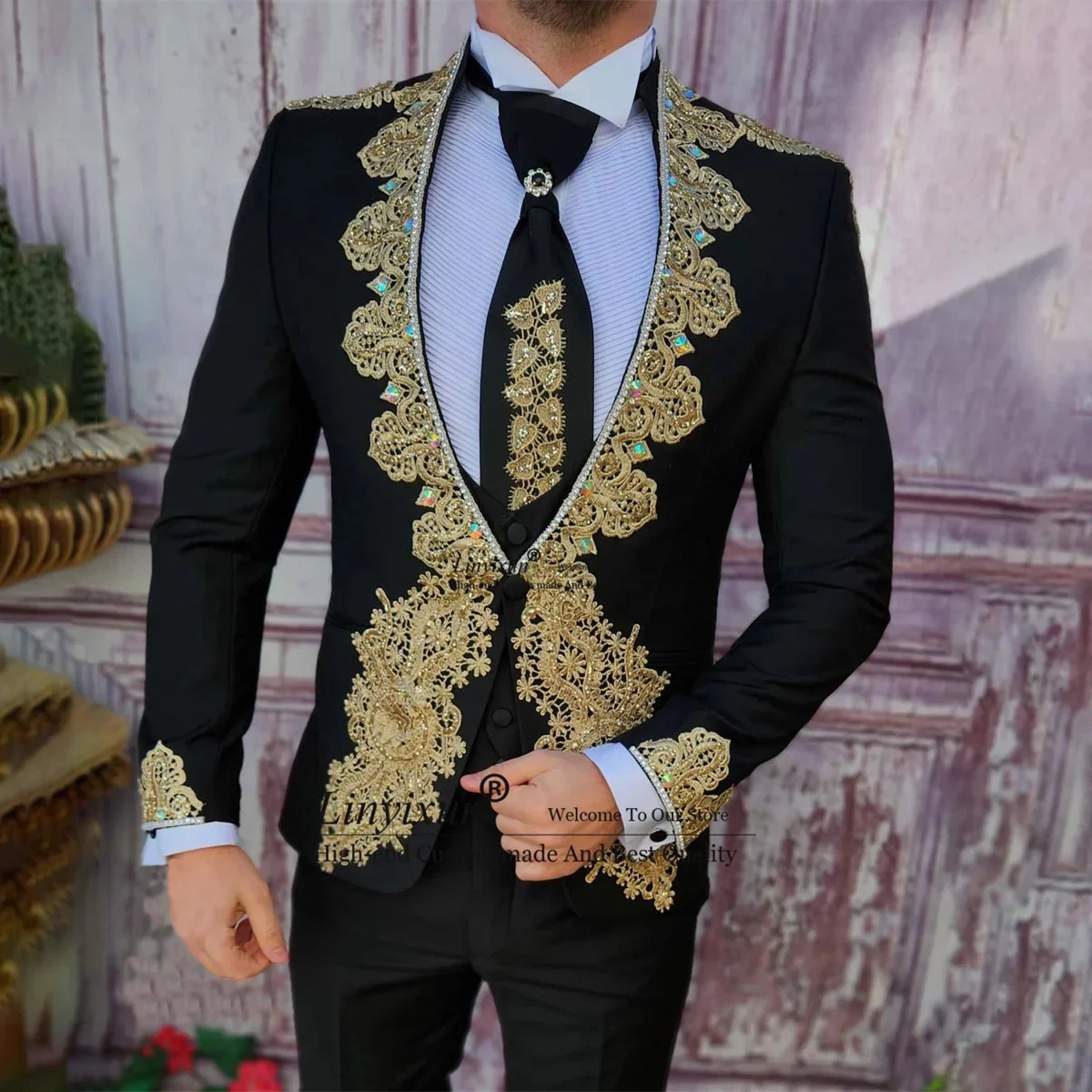 Luxurious Appliques Lace Men Suits Stand collar Groom Wedding Tuxedos 2 Pieces Sets Male Prom Blazers Pants Outfit Costume Homme