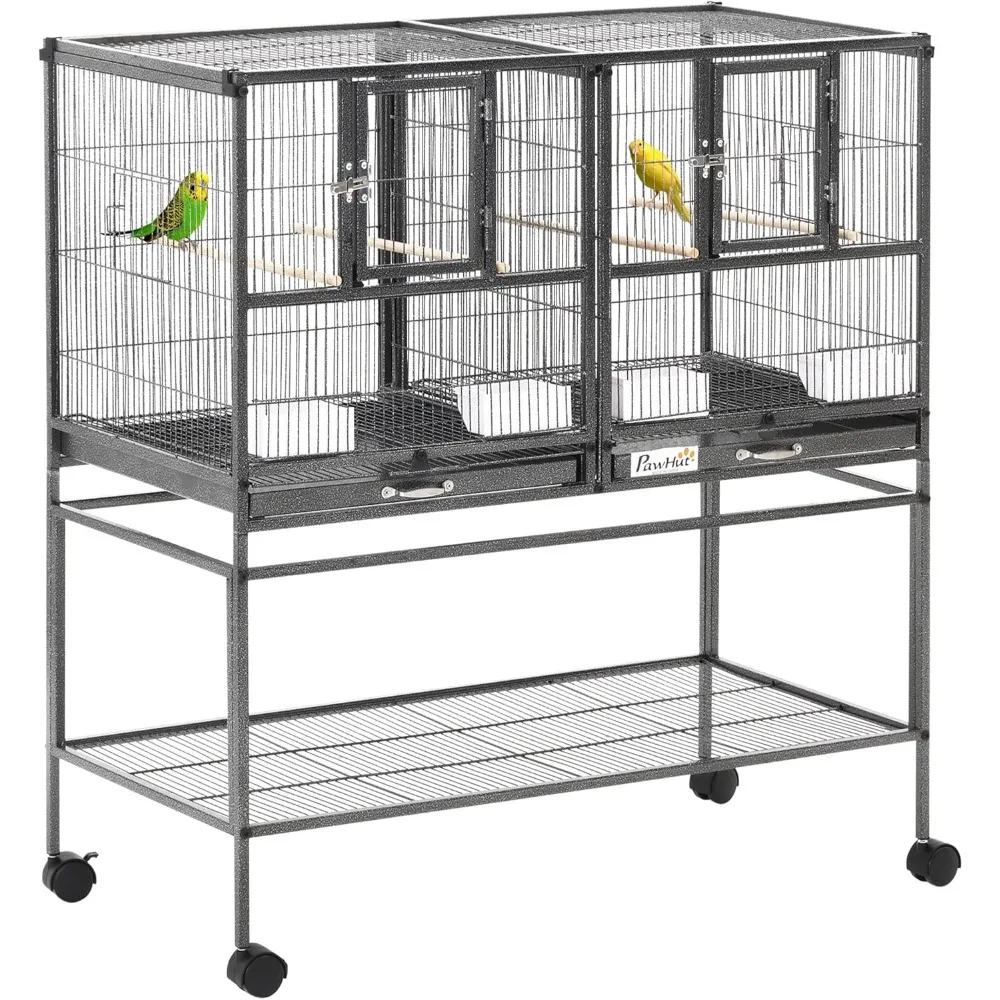

Divided Breeder Bird Cage with Rolling Stand Removable Metal Tray, Storage Shelf, Wood Perch, and Food Container