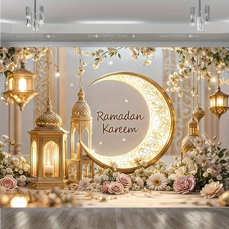 2D Ramadan Golden Crescent Moon Kulissen Eid Mubarak Party Decor Fotografie Hintergrund Banner Studio Photo Booth Requisiten