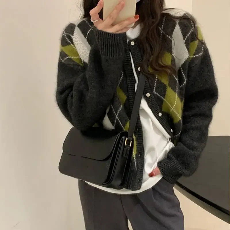 TPJB New Women Plaid Knitted Cardigan Korean Fashion Preppy Style Vintage Casual Checked Sweaters Female Harajuku Gray Knitwears