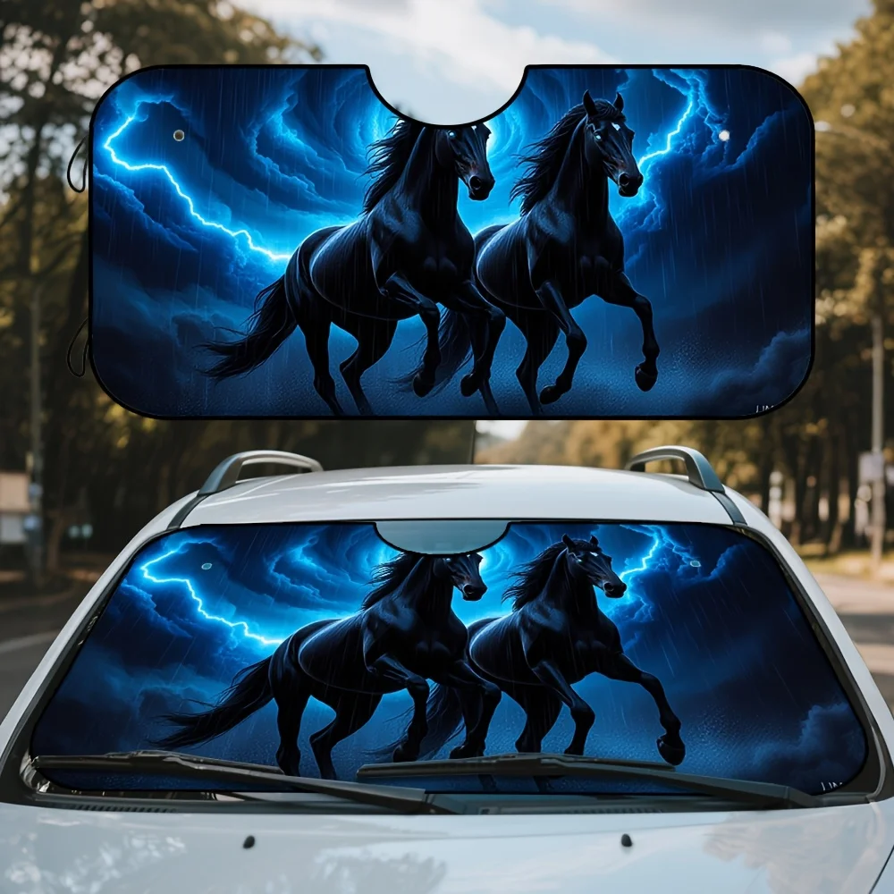 

1 шт. солнцезащитный козырек на лобовое стекло автомобиля с черной лошадью и синей молнией, складной темно-синий/черный козырек для конфиденциальности, теплозащитный экран