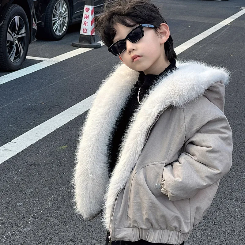 

2025 Winter New Thickened Warm Raw Tie Hat Boys Cotton Jacket Autumn and Winter Padded Jacket