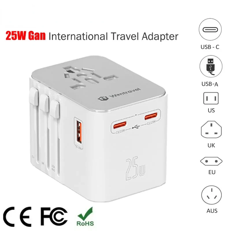 

Универсальный дорожный адаптер с 4 розетками переменного тока Макс. 2500 Вт 1 USB-порт 2 порта Type-C PD 25 Вт Универсальная быстрая зарядка Вилка стандарта ЕС Великобритании США AUS