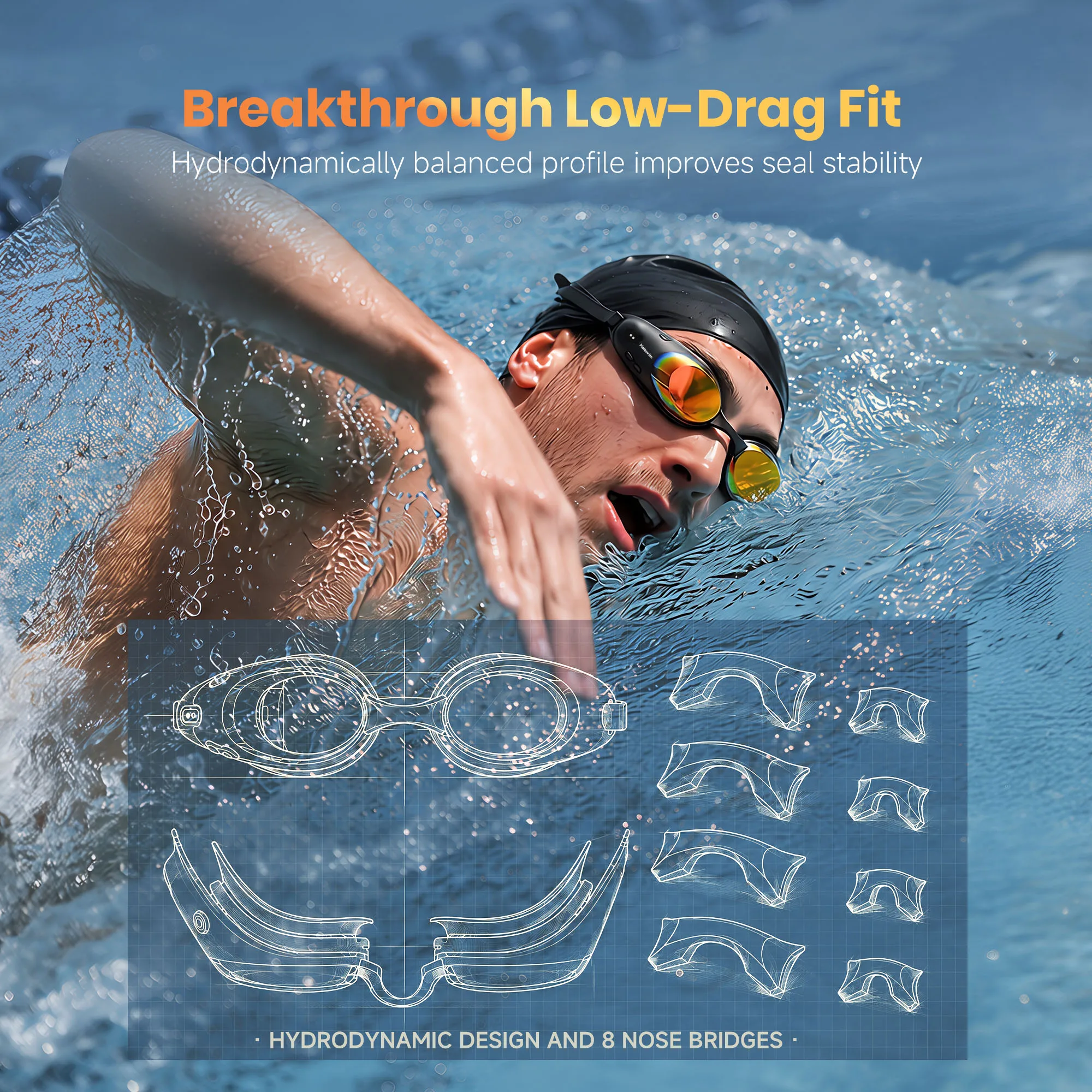 HoloSwim 3 Pro Smart Swim Goggles built-in GPS and Compass Real-time Metrics Nano Anti-fog for Pool & Open Water