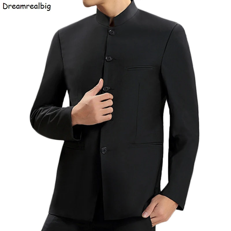 Solid Color Men Black Tunic Suit Jacket Mandarin Collar Single Breasted Chinese Style Mens Dress Coat Zhongshan Jacket