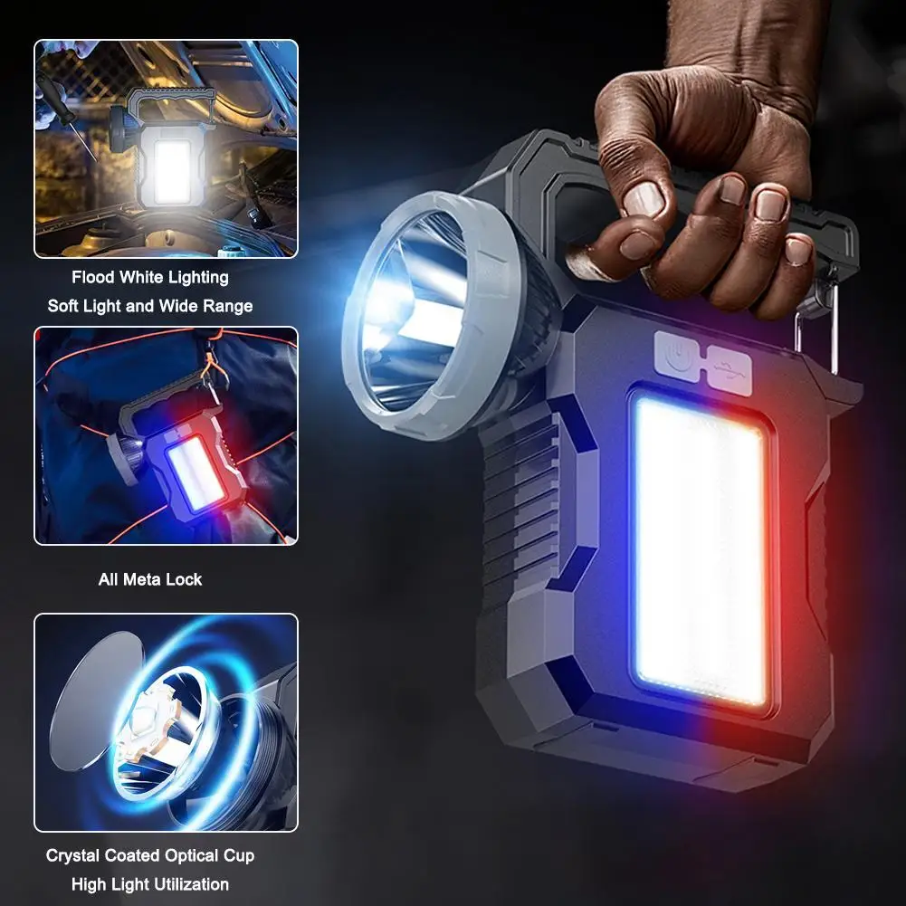 Solar Rechargeable LED Work Light 1200mAh Battery High Low Side Red Blue Strobe Light Metal Hook Portable Outdoor Emergen