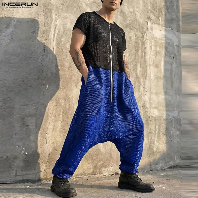 INCERUN Men's Jumpsuits Mesh Patchwork Color-block Zipper Rompers For Man Streetwear Loose 2026 Short Sleeve Fashion Overalls view 3