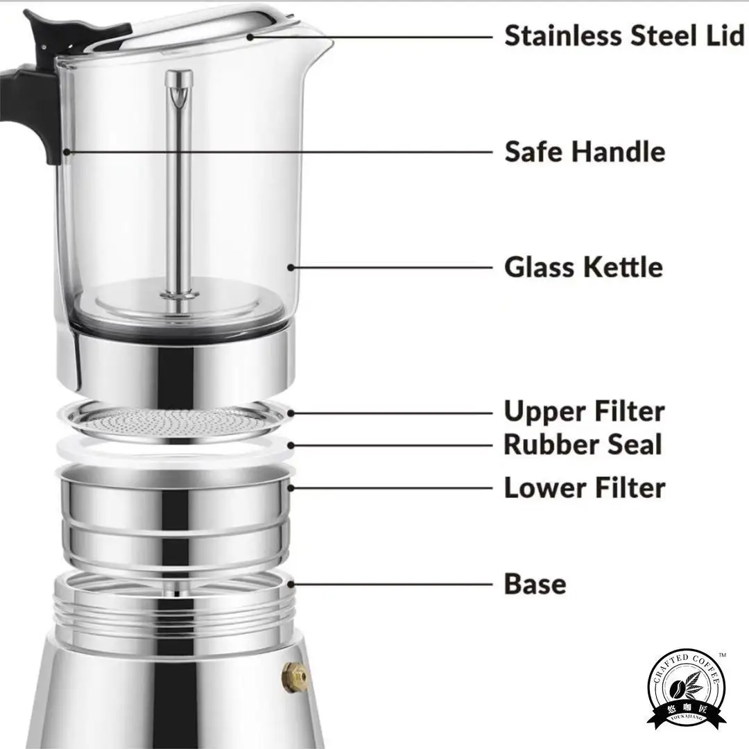 4/6 وعاء موكا شفاف: جسم زجاجي عالي البورسليكات، قاعدة متينة 430. استخدام المنزل/المكتب/التخييم. يعمل على الحث والغاز