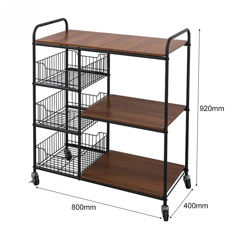 Metal Wooden Island Carts Kitchen Searving Vegetable Trolley 3 Tier Stainless Steel Microwave Oven Storage Shelf with Wheels