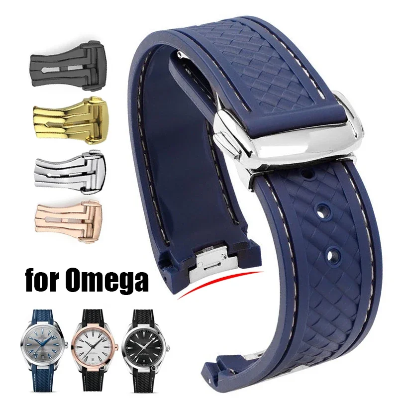 20mm Silicone Rubber Curved End Watch Strap for Omega Strap Seamaster 300 AQUA TERRA AT150 8900 Watch Band with Folding Buckle