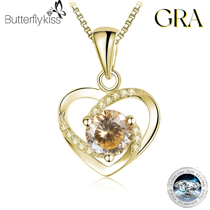 Butterflykiss Love Heart 100 Faced Cut Moissanite Pendant Diamond Gold Plated Necklace For Women S925 Sterling Silver Jewelry