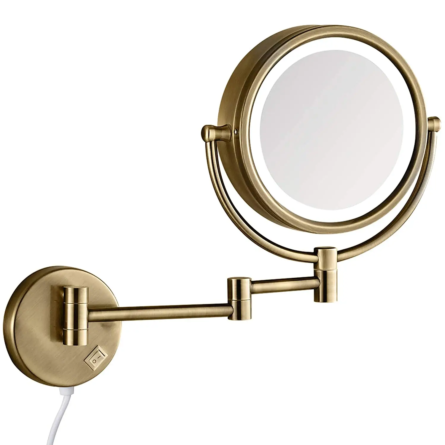 GURUN 8.5 Inch LED Light Magnifying Makeup Mirror with 3 Color Modes Double Sided Vanity Mirror for Bathroom Antique Satin Brass