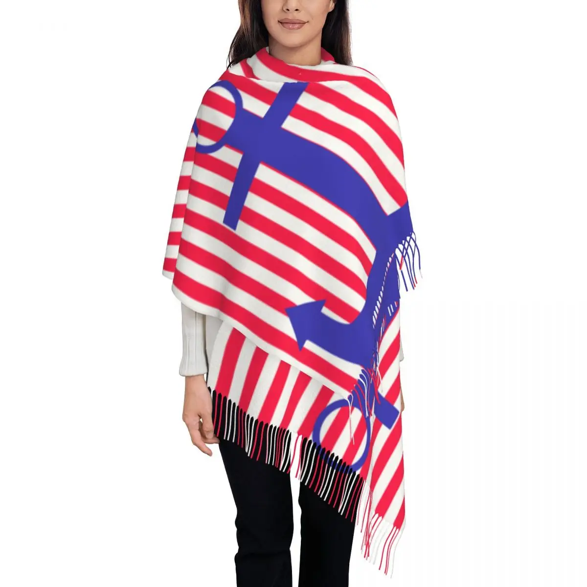 

Personalized Printed Nautical Red White Stripes And Red Long Pile Fringe Men Scarf Women'S Anti Chill Scarf