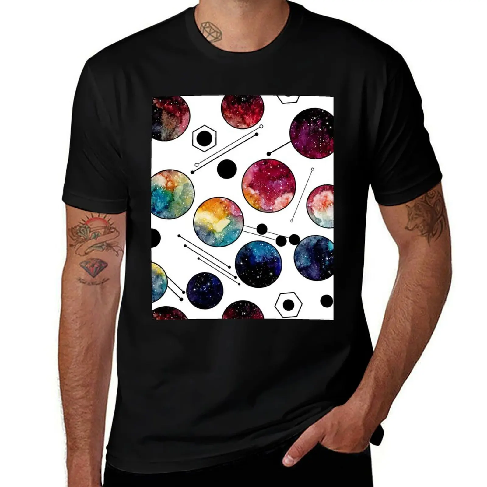 

Акварельная красочная футболка Galaxy in Circles, мужская футболка из плотного хлопка, мужские футболки из 100% хлопка