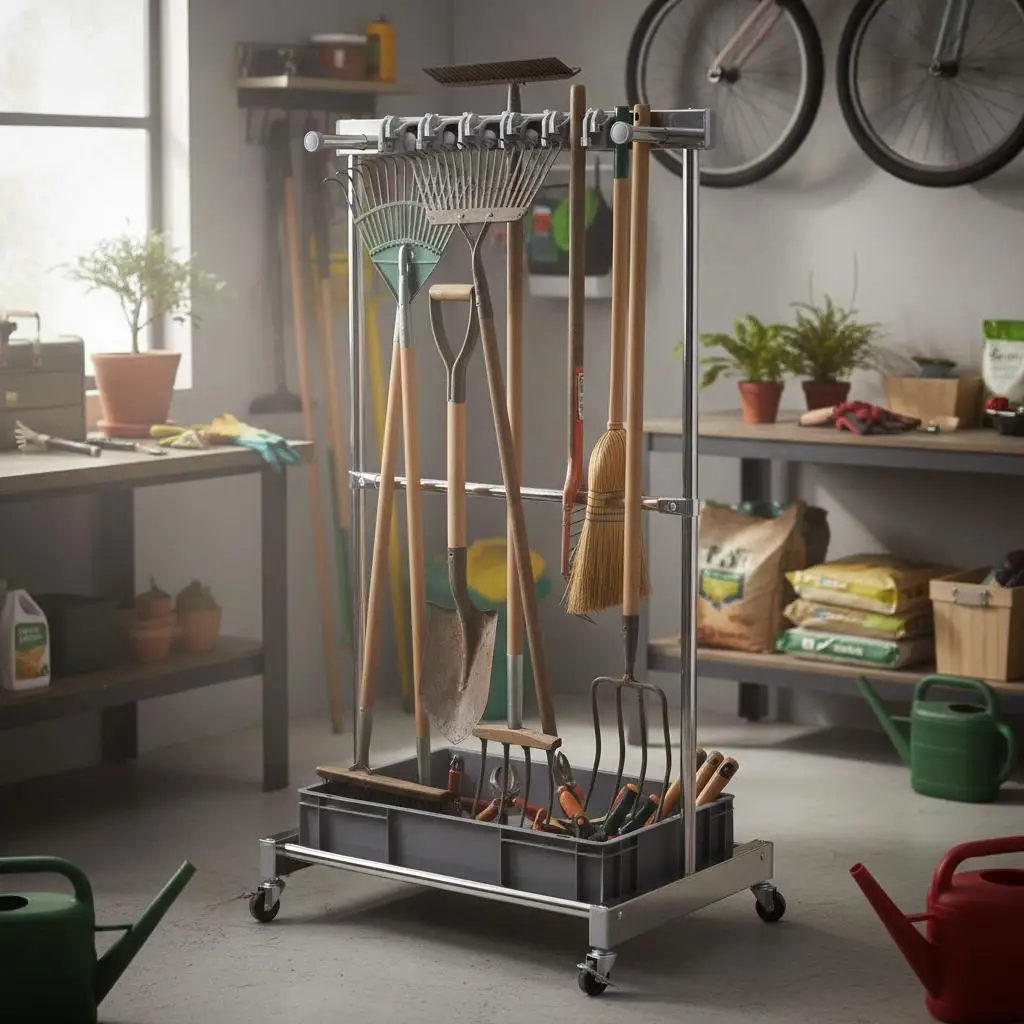 Garage Equipment Cart 10 Slots with Hooks For Shed Workshop Yard Mobile Metal Storage Tower Rolling Long-Handled Rake Broom S