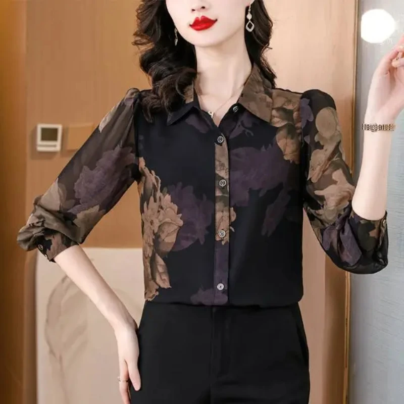 2024 New Spring and Autumn Korean Edition Fashion Versatile Chiffon Blouses Long Sleeve Collar Printed Button Women\'s Shirt Top