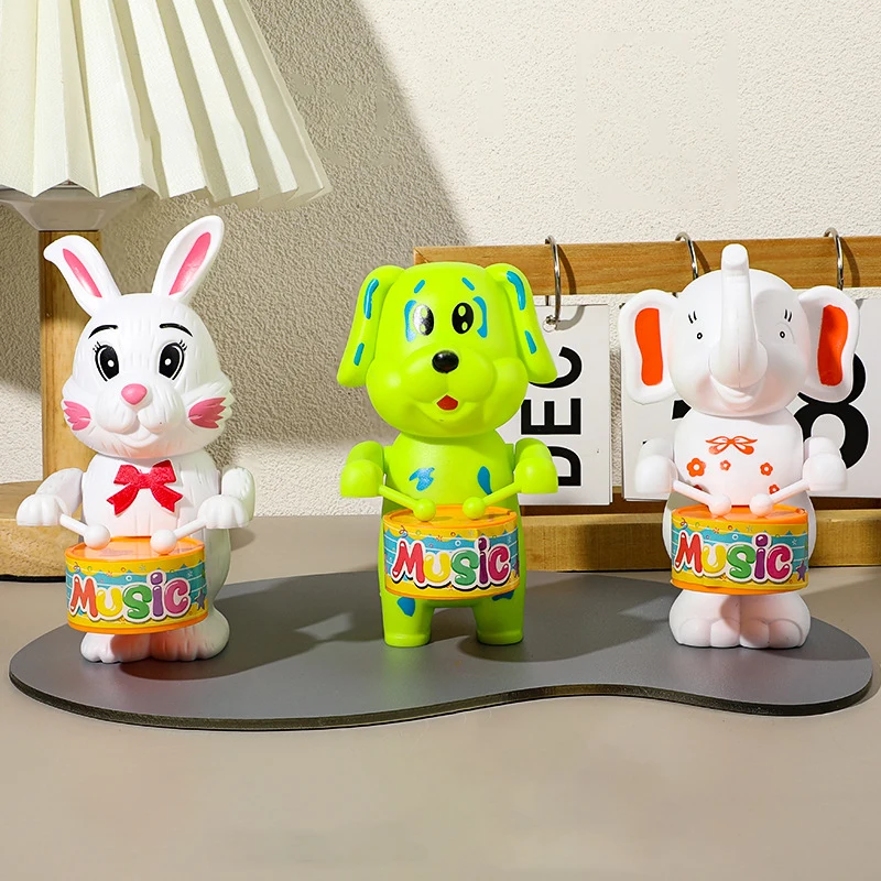 Children Cute Clockwork Drumming Rabbit Toy Creative Funny Drumming Puppy/elephant Wind Up Animal Toy Baby Training Heads Up Toy