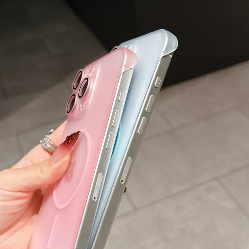 حافظة رفيعة للغاية وشفافة بدون إطار لهاتف آيفون 16 15 14 13 12 11 برو ماكس بلس غطاء بلاستيكي صلب نحيف Magsafe مقاوم للصدمات غير لامع