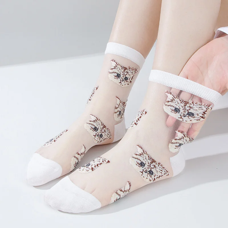 

Kawaii милые носки с рисунком кота, летние женские тонкие прозрачные японские шелковые носки с кристаллами, повседневные дышащие эластичные чулки до щиколотки